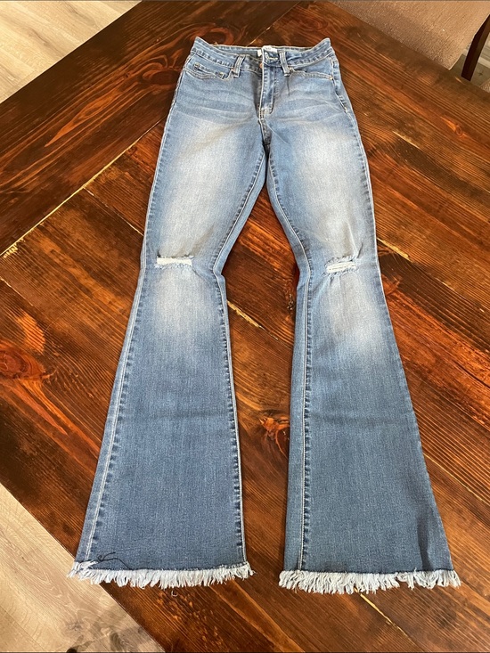 YMI Denim - YMI Light Blue High-Rise Flare Jeans with Frayed Hem